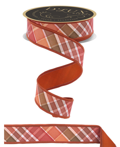A plaid ribbon with a decorative pattern of orange and brown plaid lines.