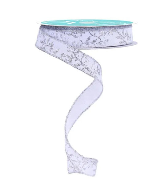 A silver and white glittery ribbon is shown against a white background.