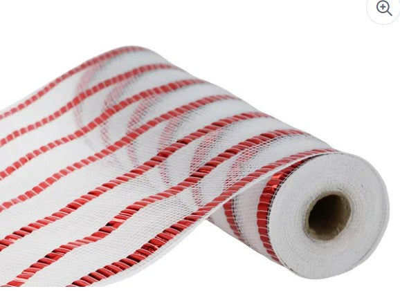 A roll of white and red striped mesh material.