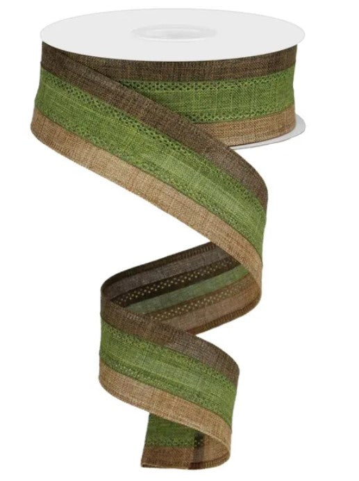 A spiral-shaped green and brown fabric ribbon is shown against a white background.