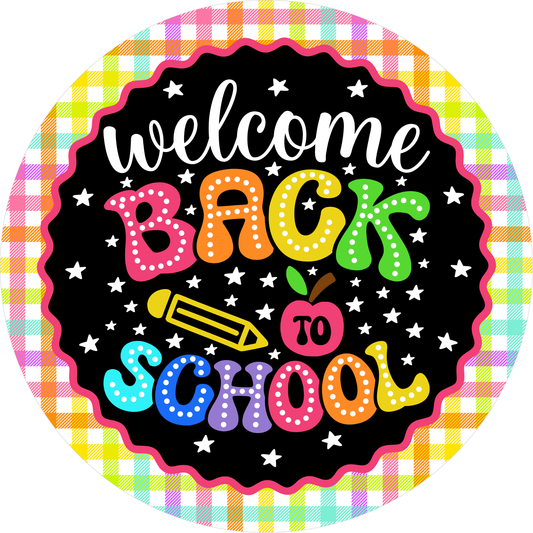 a colorful and cheerful "Welcome Back to School" sign with a black background, surrounded by a checkered border with a variety of bright colors.