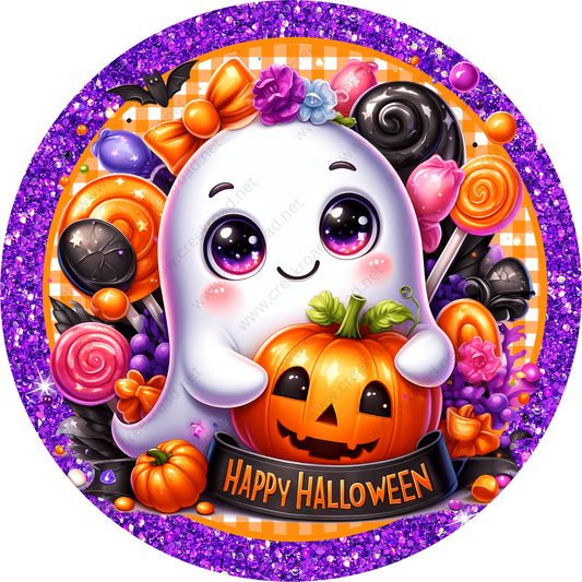 a happy halloween ghost surrounded by candy and candies