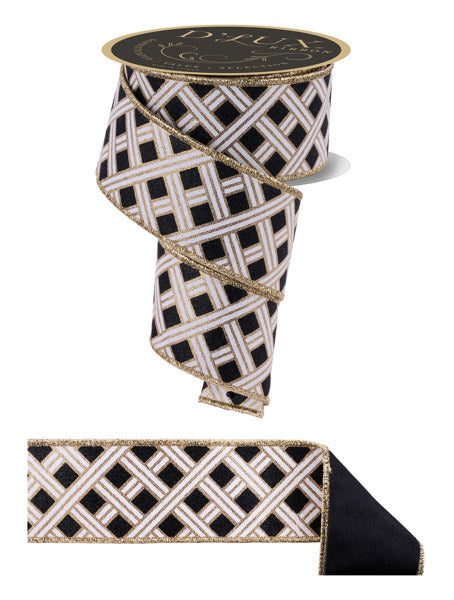 a decorative black and white ribbon with a gold geometric pattern. The ribbon is coiled and appears to be a decorative item, possibly used for embellishing clothing or accessories.