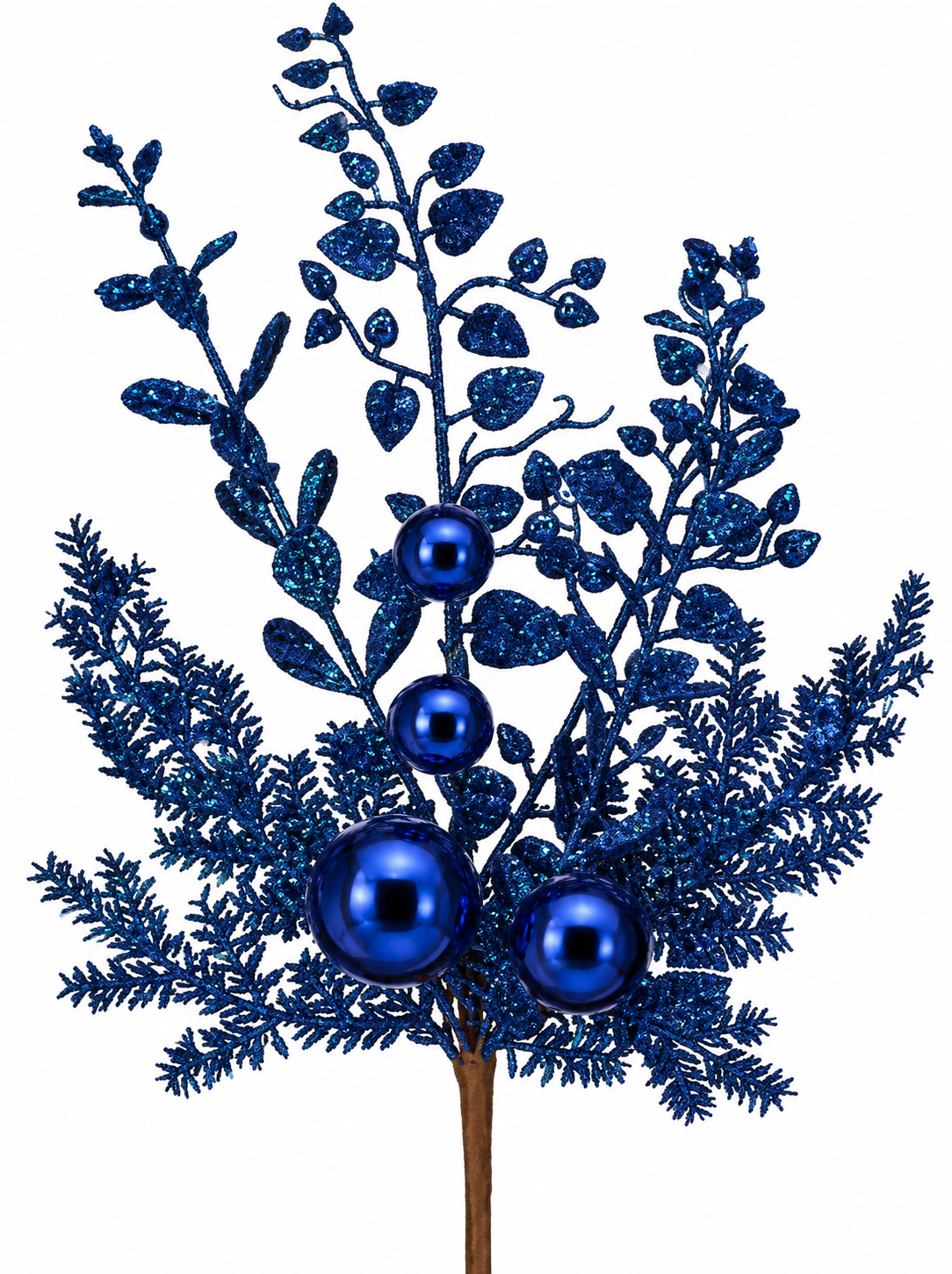 A decorative branch with blue glittery leaves and three blue spherical ornaments.