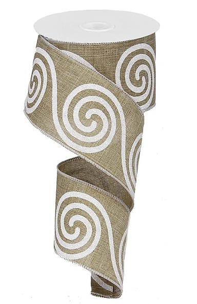 a spiral-patterned burlap ribbon with a white spiral design on it.