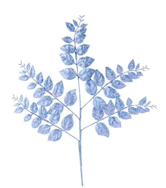 A branch with blue leaves against a white background.