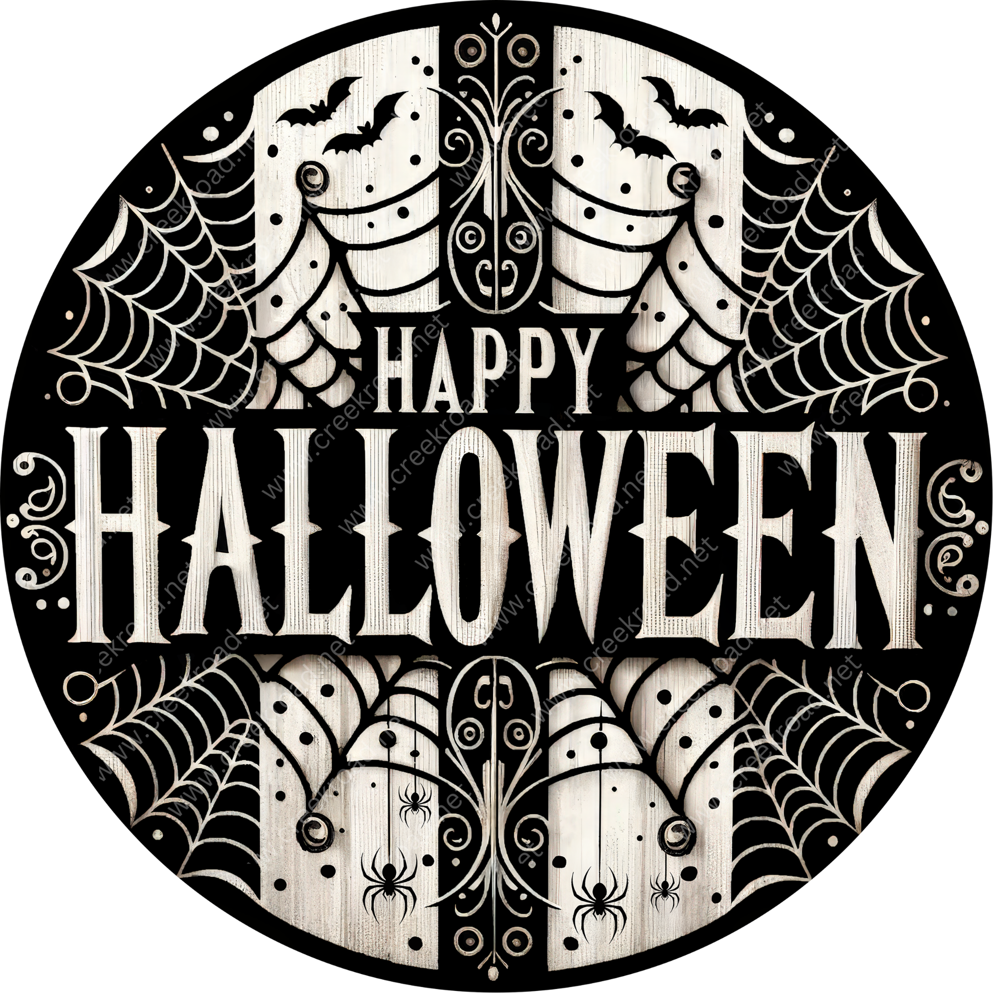 A circular Halloween-themed sign with a black and white design featuring bats, spiderwebs, and the text "HAPPY HALLOWEEN".
