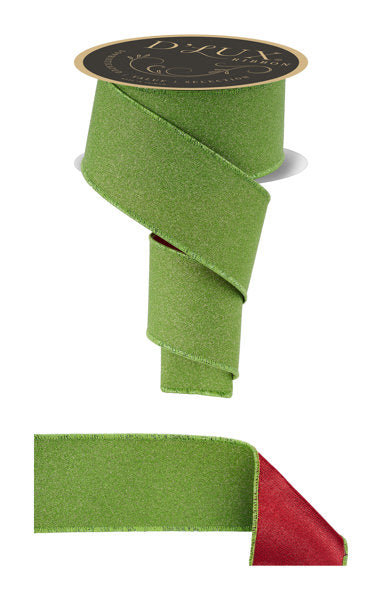 a green and red ribbon, with the green ribbon appearing to be a metallic or textured material and the red ribbon appearing to be a solid color.