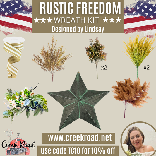 The image is an advertisement for a rustic freedom wreath kit, featuring various wreath-making materials such as leaves, flowers, and a star-shaped ornament. The ad includes a woman's face in the bottom right corner, and the website "www. CreekRoad Designs" is provided. The ad also mentions a 10% discount code "TC10" for the kit.