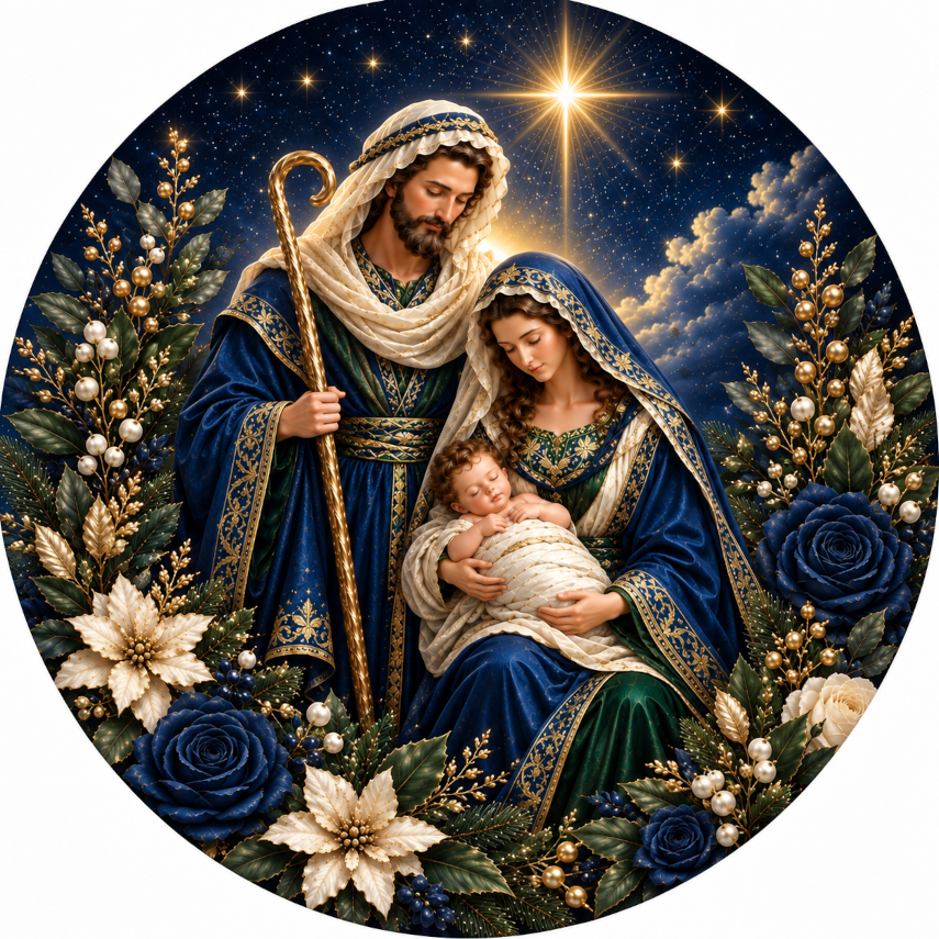 a religious scene of the Holy Family, with the parents and child, likely representing the Virgin Mary and the baby Jesus, surrounded by a starry night sky and flowers.