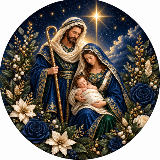 a religious scene of the Holy Family, with the parents and child, likely representing the Virgin Mary and the baby Jesus, surrounded by a starry night sky and flowers.
