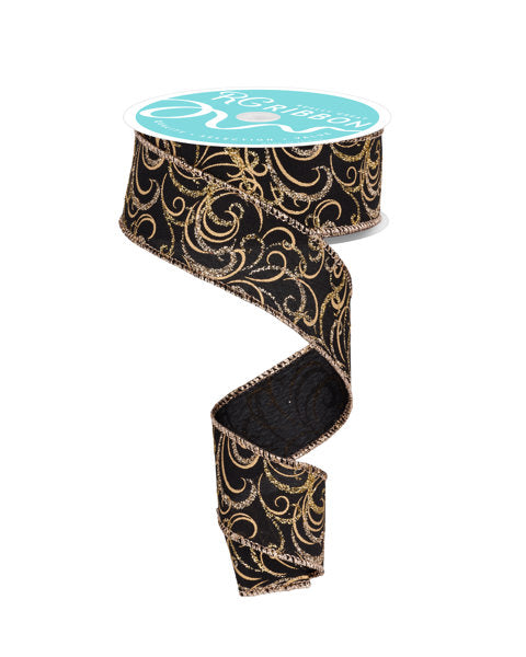 A black and gold spiral-patterned ribbon with a turquoise label.