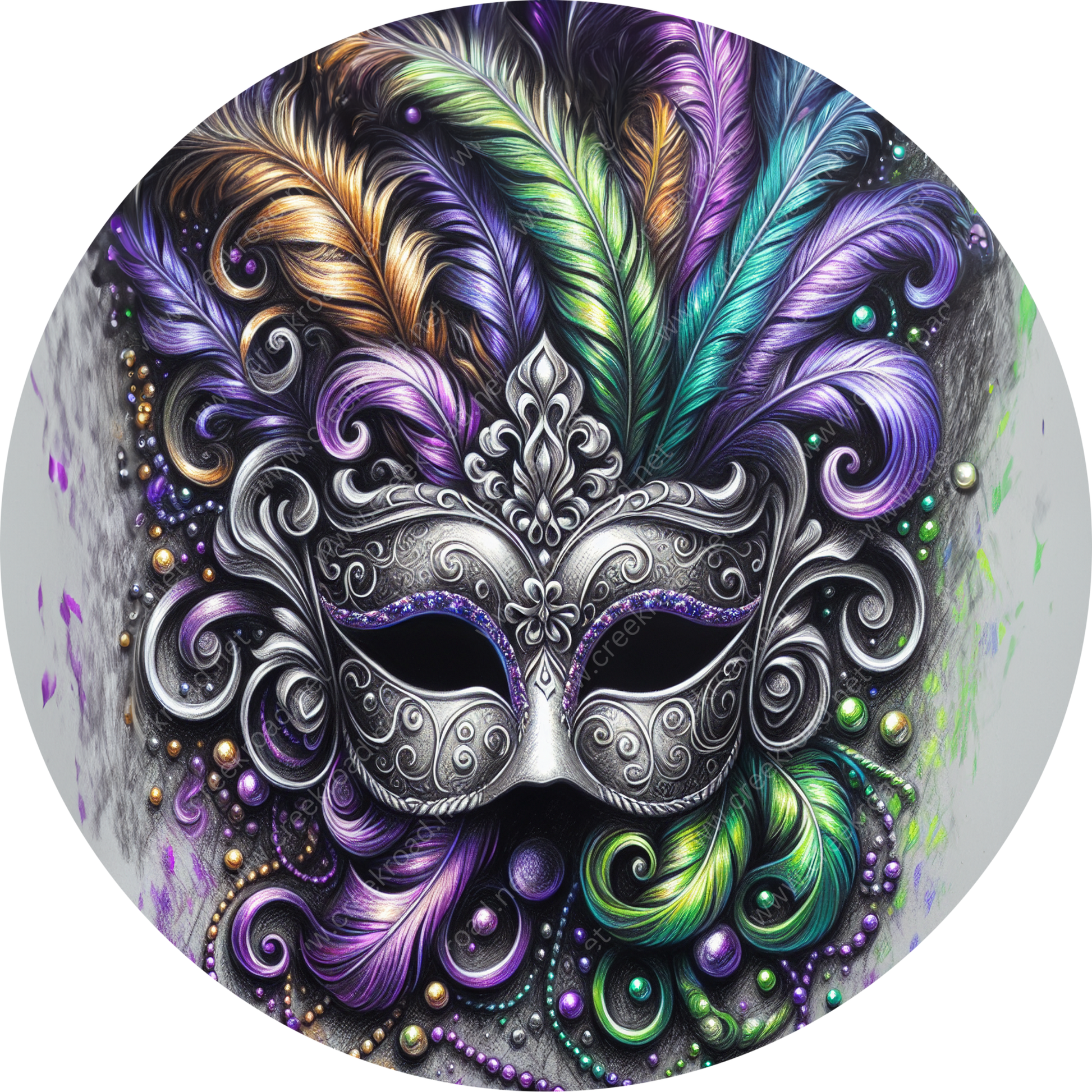 The image is a detailed and ornate mask with intricate designs and patterns, including feathers, beads, and other decorative elements.