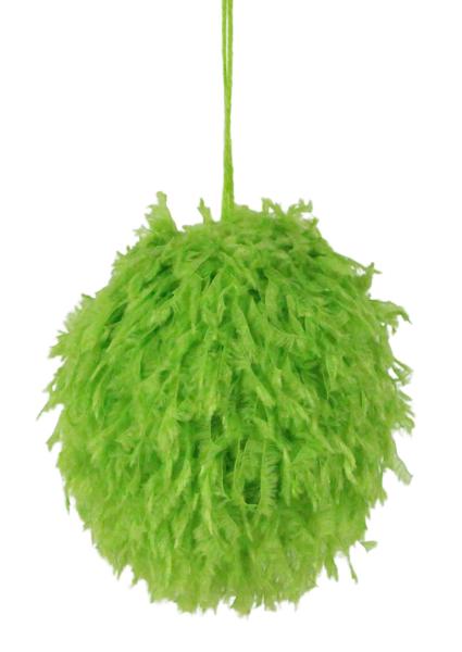 a green fluffy ball hanging from a string