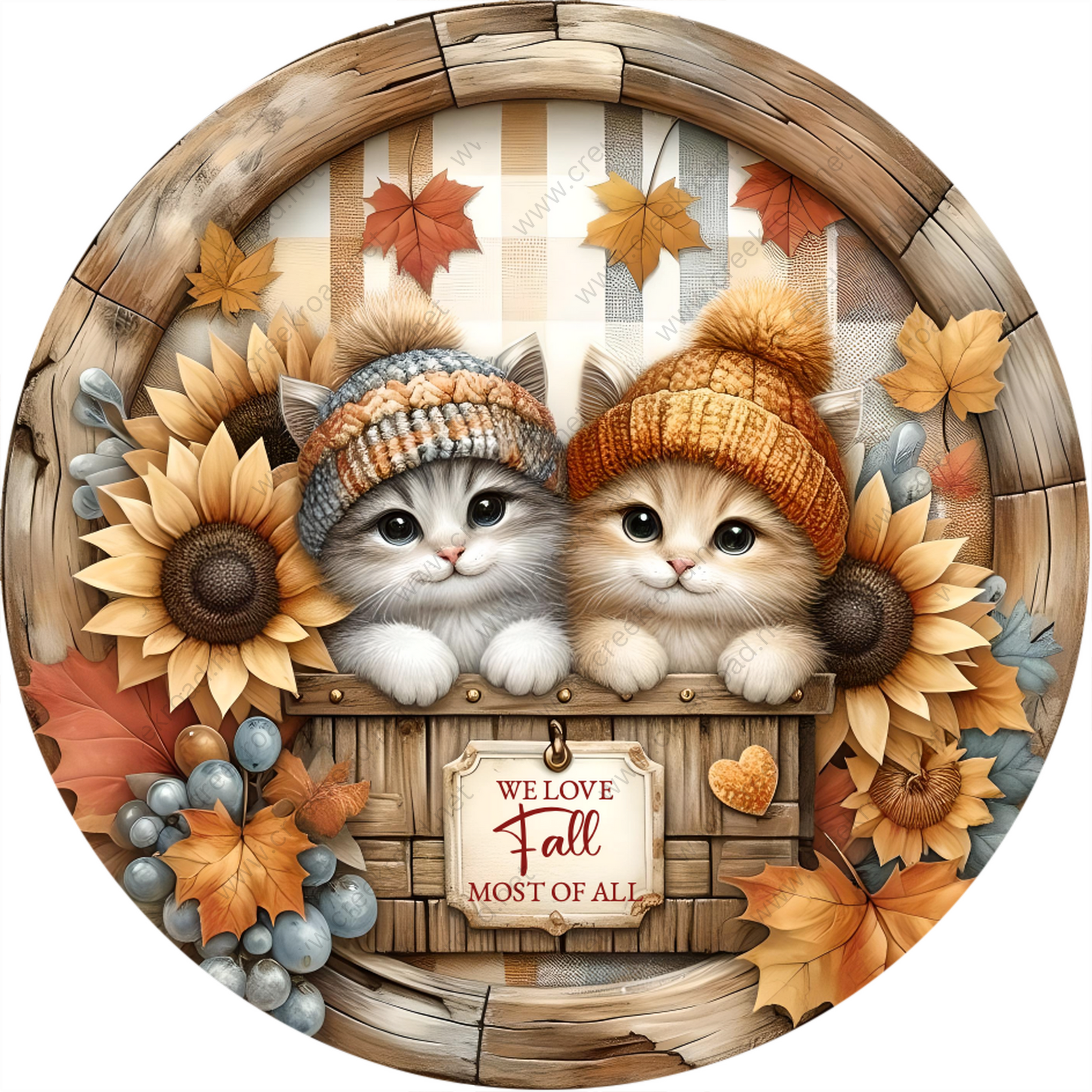 a painting of two kittens in a basket with autumn leaves