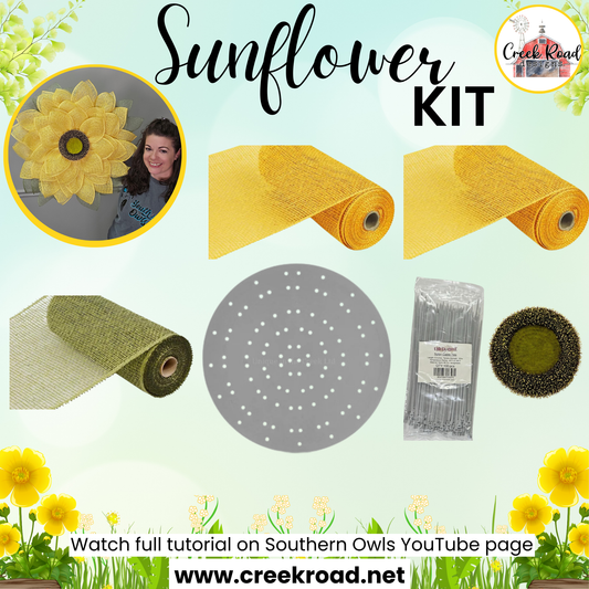 The image is an advertisement for a "Sunflower Kit" that includes various items such as a sunflower, a roll of mesh, a circular pattern, and some other miscellaneous objects. The text suggests that the kit is for creating sunflower-themed decorations, and there is a website provided for watching a tutorial on Southern Owls.