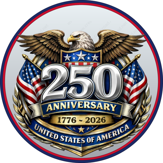 The image is a commemorative graphic celebrating the United States' 250th anniversary. It features an eagle, American flags, and a banner with the number "250" and the text "Anniversary 1776-2026 United States of America".