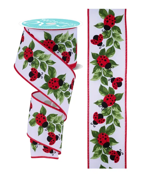 a decorative ribbon with a repeating pattern of red ladybugs on green leaves. The ribbon is white and has a red border.