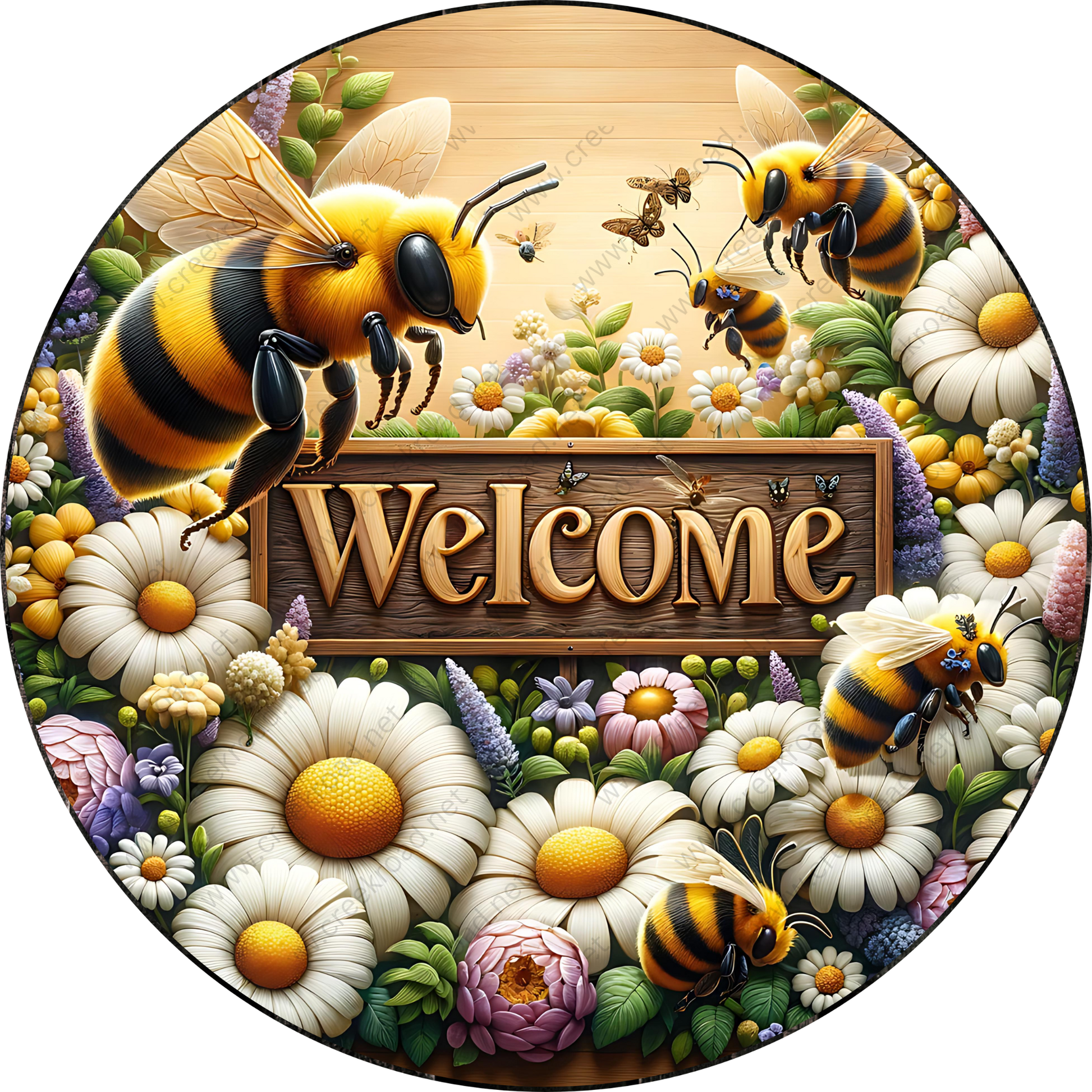 a vibrant and colorful scene with a large wooden sign that says "Welcome" surrounded by various flowers, including daisies, and a group of bees.