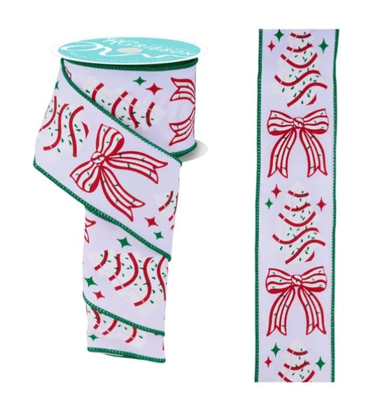 a ribbon with a festive Christmas tree design, including red bows and green and white accents.