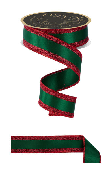 A green and red ribbon with a metallic sheen, and a gold-colored label with the text "D.LUX" on it.