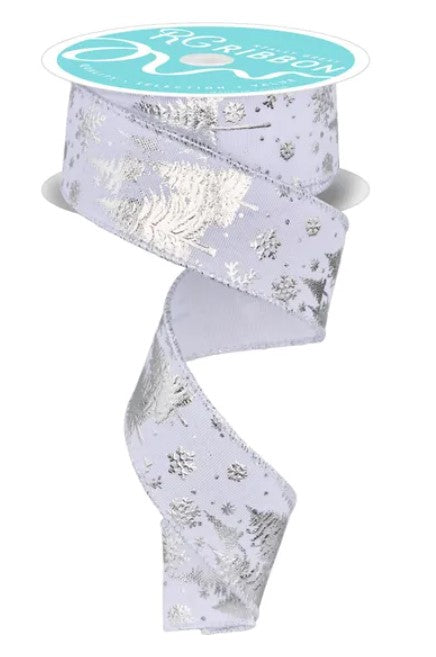 A silver ribbon with a silver snowflake pattern is shown against a white background.