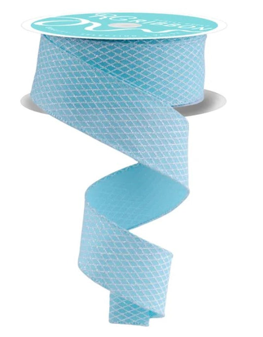 A roll of turquoise-colored ribbon with a white label on top, featuring a diamond pattern.