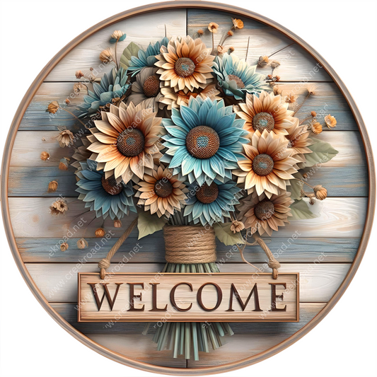 a painting of a bouquet of sunflowers with a welcome sign