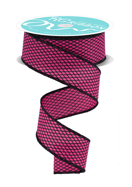 A pink and black braided ribbon with a teal and white label.