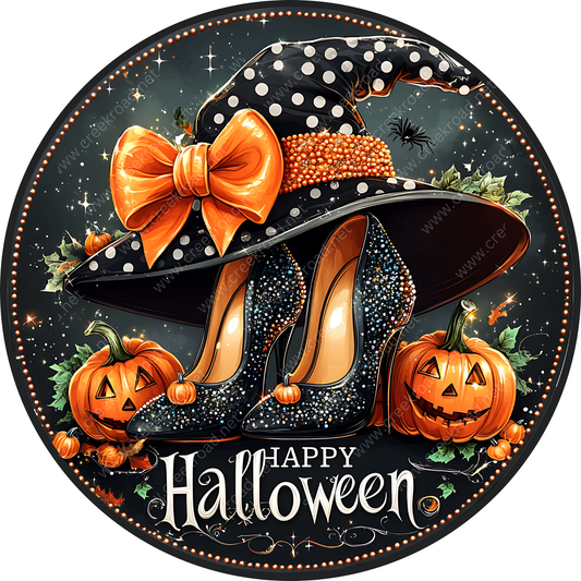 A Halloween-themed illustration featuring a witch's hat with a large bow, high-heeled shoes, pumpkins, and the text "Happy Halloween".