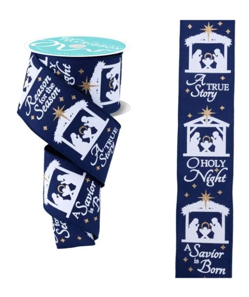 A blue ribbon with a nativity scene design and the text "A True Story" printed on it.