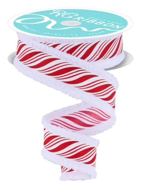 A spiral-shaped red and white striped ribbon with a white fringe at the end.