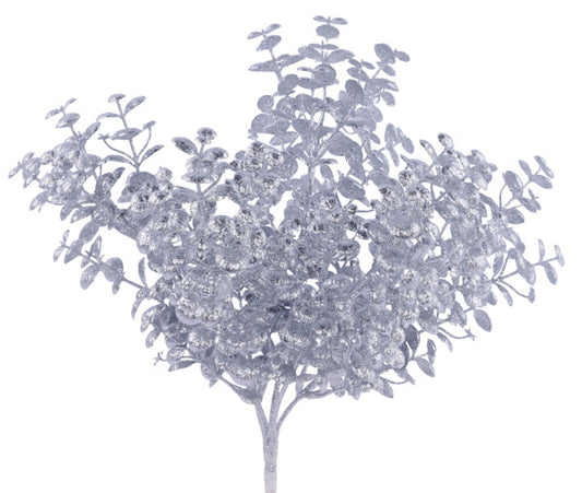 A silver-colored tree with numerous small leaves and branches, creating a detailed and intricate appearance.