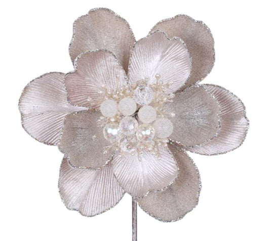 A close-up image of a decorative flower with a large center bloom surrounded by smaller petals.