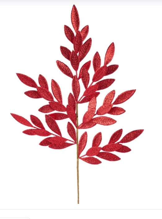 A single red leaf-shaped ornament with a gold stem, set against a white background.
