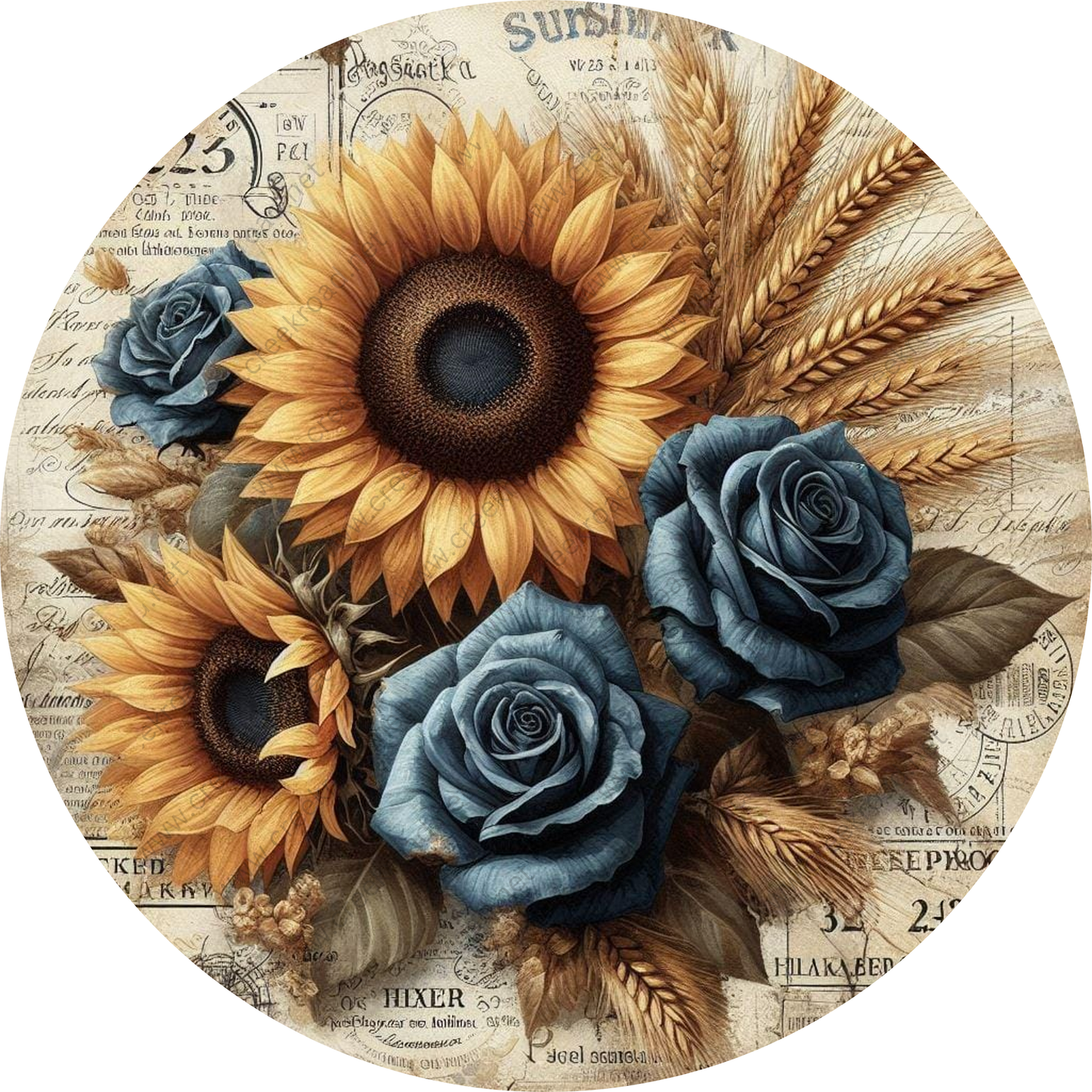 a painting of sunflowers and blue roses