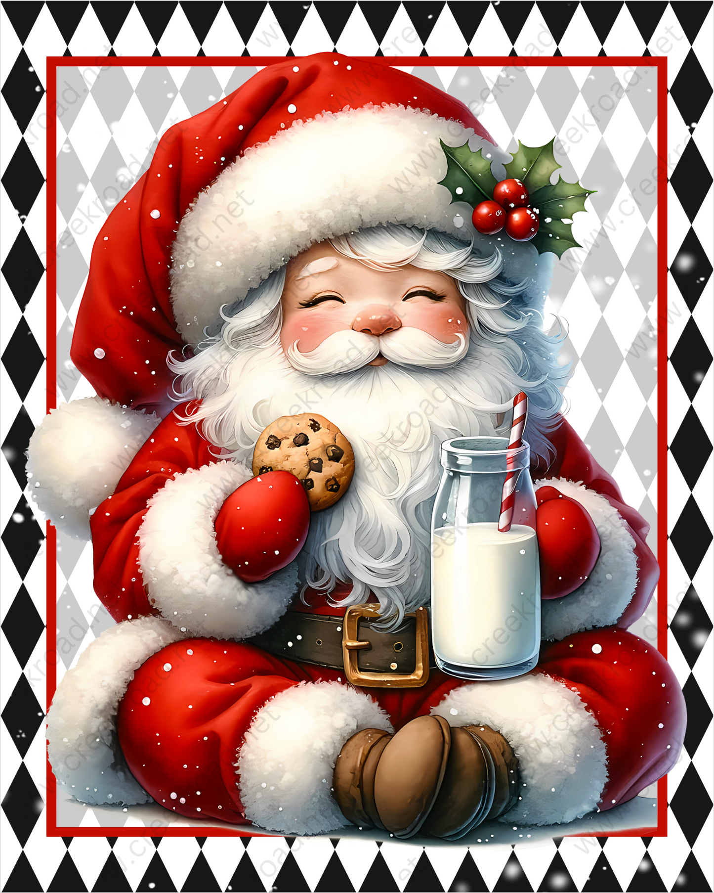 Santa Claus sitting on the ground, holding a cookie and a glass of milk, with a holly leaf and berries on his head.