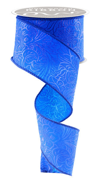 a blue ribbon with a floral pattern.