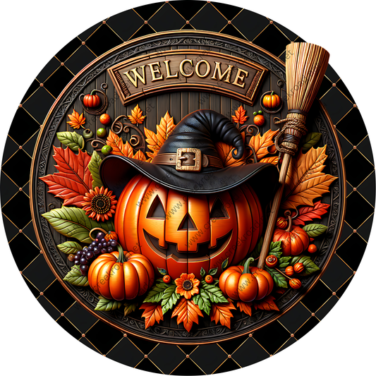 a Halloween-themed decoration with a carved pumpkin, a witch's hat, a broom, and various fall foliage elements such as leaves, pumpkins, and grapes.