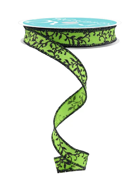 A spiral-shaped green and black floral-patterned ribbon is shown against a white background.
