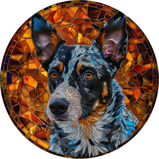 a painting of a dog with a stained glass background