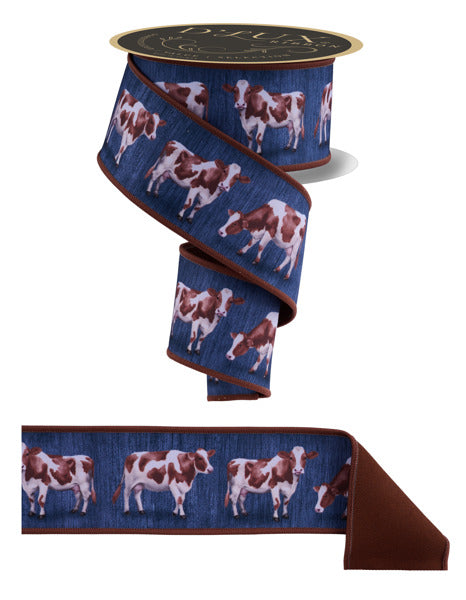 a brown and white cow on a blue ribbon