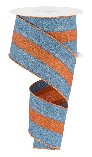 a roll of blue and orange striped ribbon