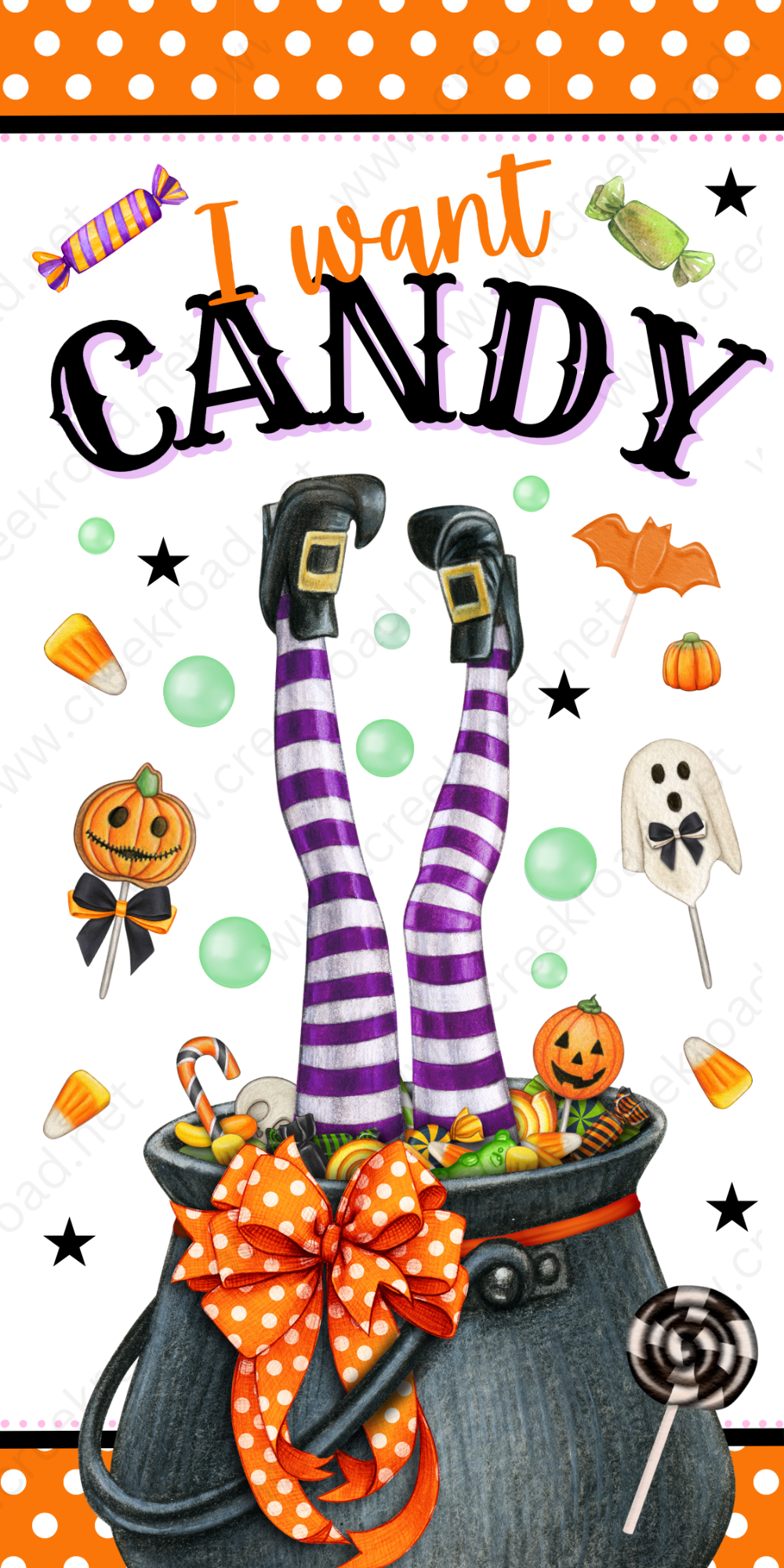 a halloween card with a witch's legs sticking out of a caulder