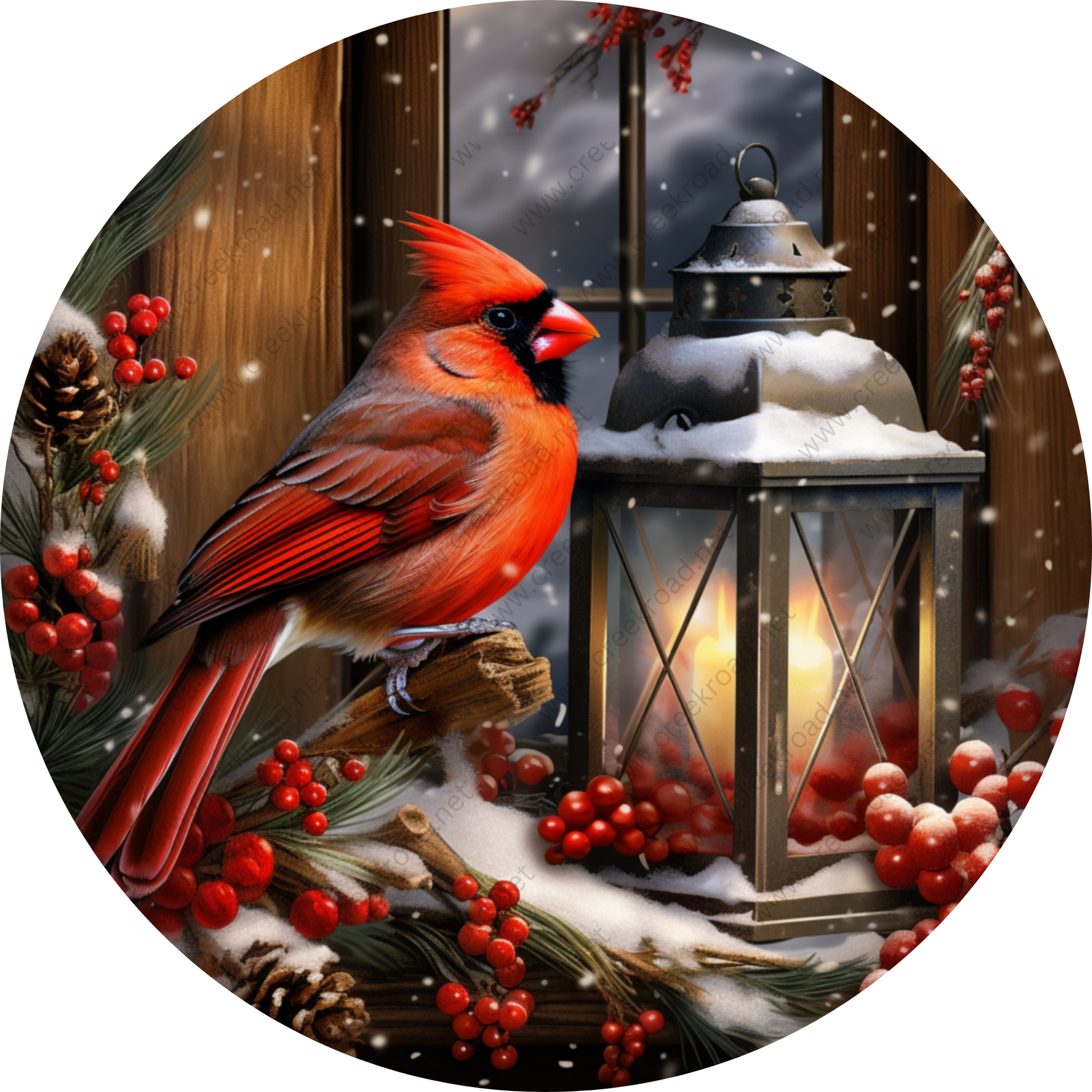 a cardinal sitting on a branch next to a lantern