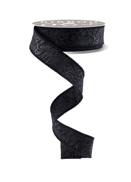 a black ribbon with a floral pattern.
