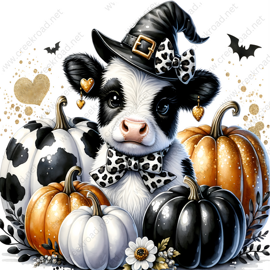 a black and white cow wearing a witch hat surrounded by pumpkins