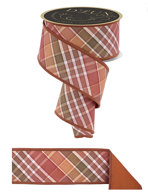A plaid ribbon with a brown border, featuring a checkered pattern in shades of brown and orange.