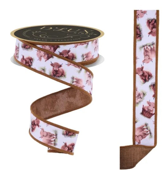 a ribbon with a pattern of pink cows on a white background.