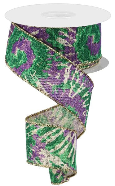 a roll of purple and green ribbon on a white background